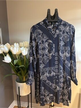 Women's Navy Paisley Button-Front Shirt Dress